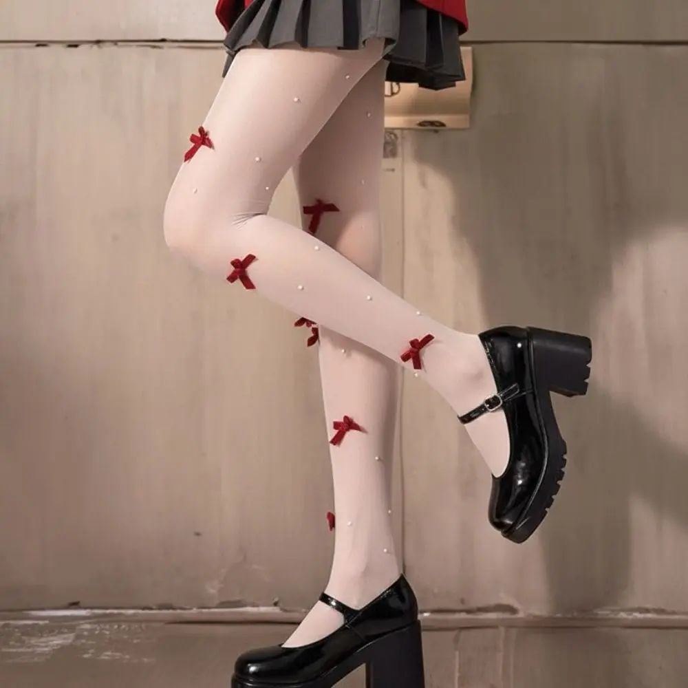 Sweet Butterfly Knot Pearl Stockings Velvet Bow Pearl Embroidery Pantyhose Leg Shaping Breathable Fabric Nylon Stockings