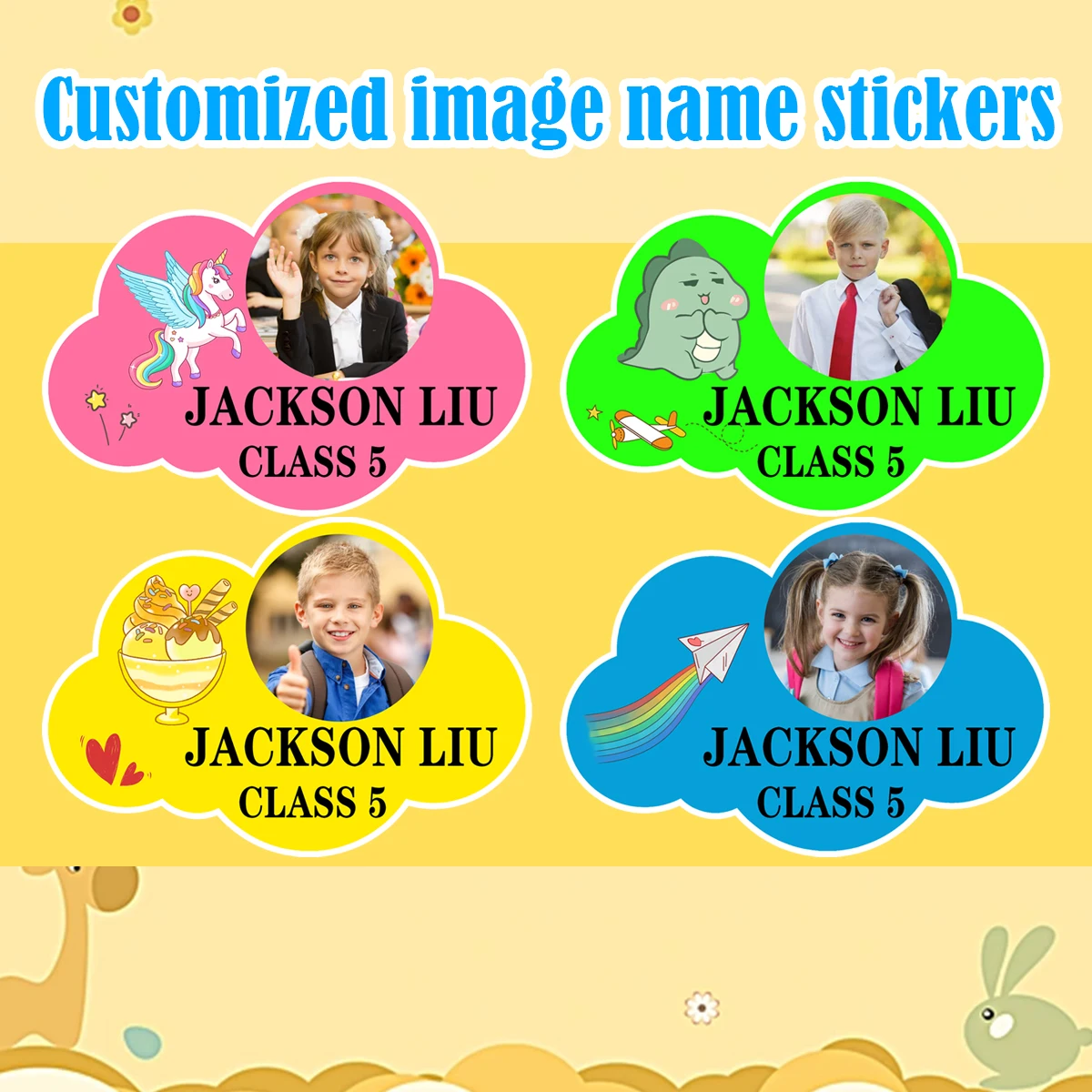 Customized children\'s photo name stickers, personalized cloud-shaped primary school kindergarten label stickers,waterproof ZP1