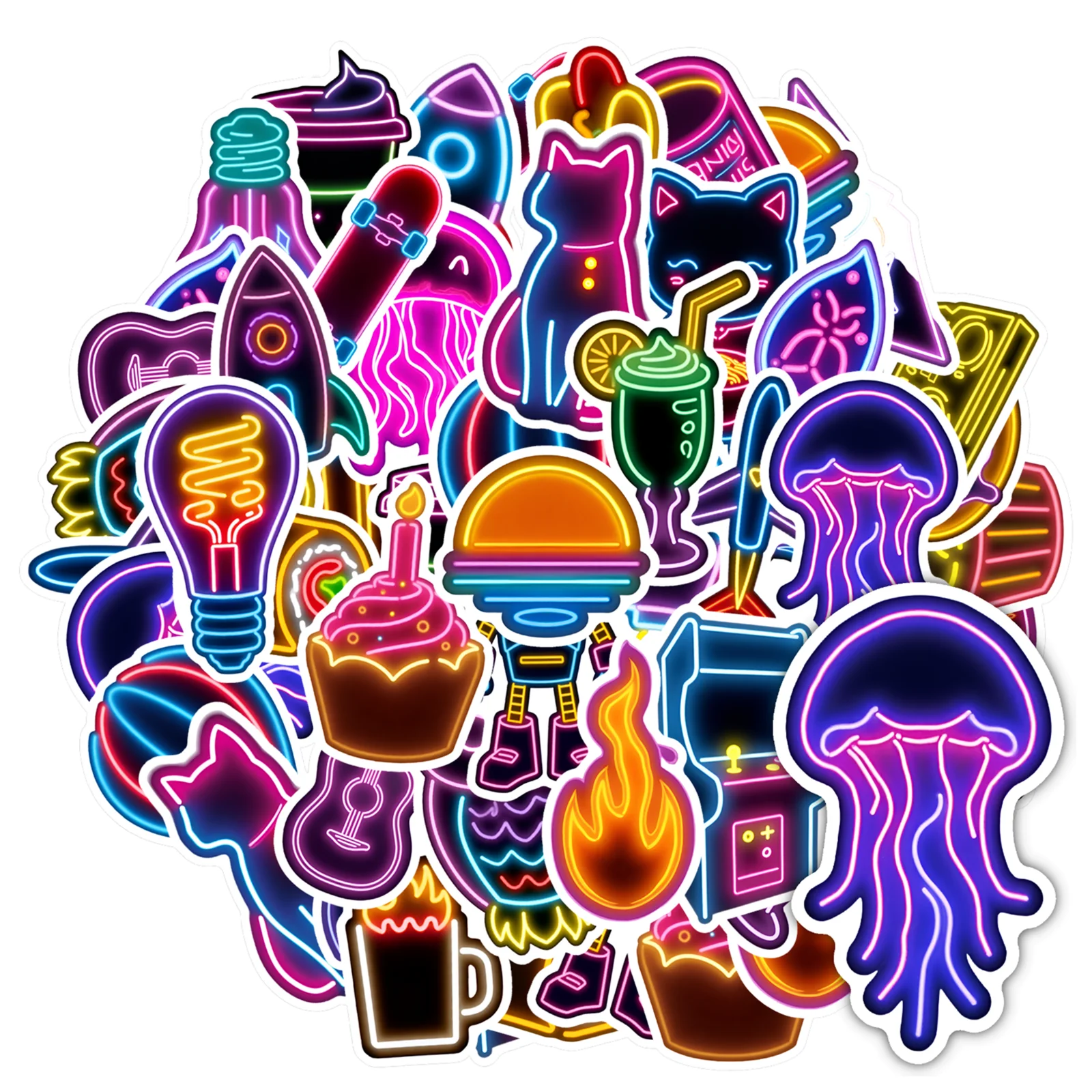 35pcs-50pcs Cartoon Neon Animals Stickers Funky Robots Funny Stickers Graffiti Decals For Suitcase Fridge Phone Luggage Laptop