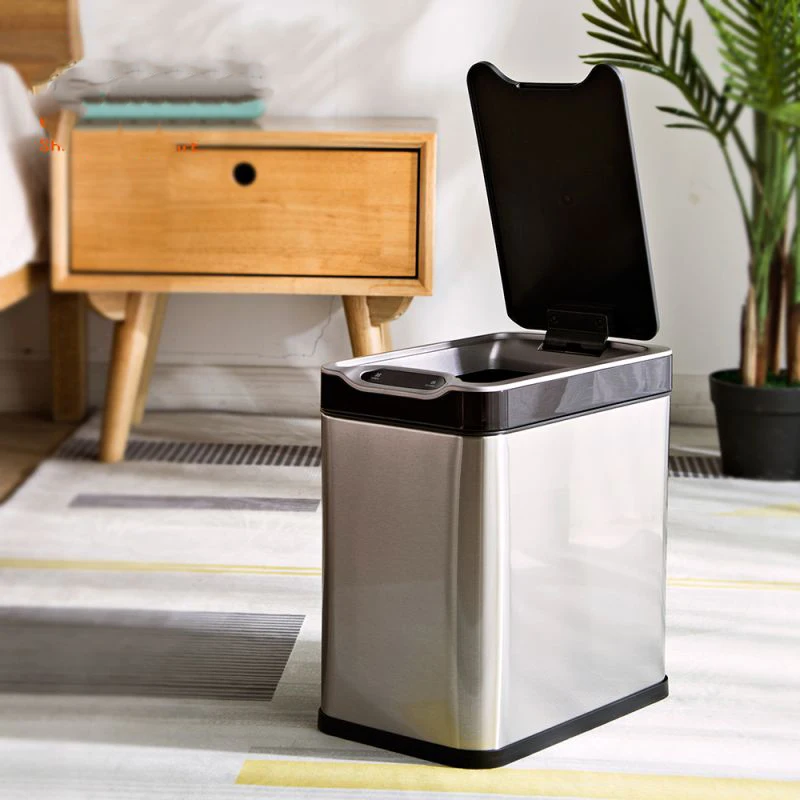 

Stainless Steel 13-Gallon Trash Can Smart Sensor Square Shape Slow Close Lid Induction Feature for Indoor Office Bedroom Use