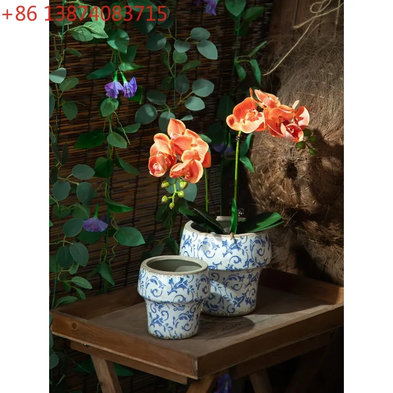 Vintage Blue and White Porcelain Round Ceramic Flower Pot Handmade Pastoral Style For Orchid Green Radish Home Decor Ornament