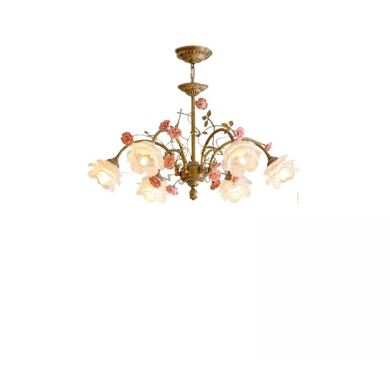 

French chandelier, all-copper chandelier, American vintage living room, bedroom rose, light luxury, romantic pastoral lamp