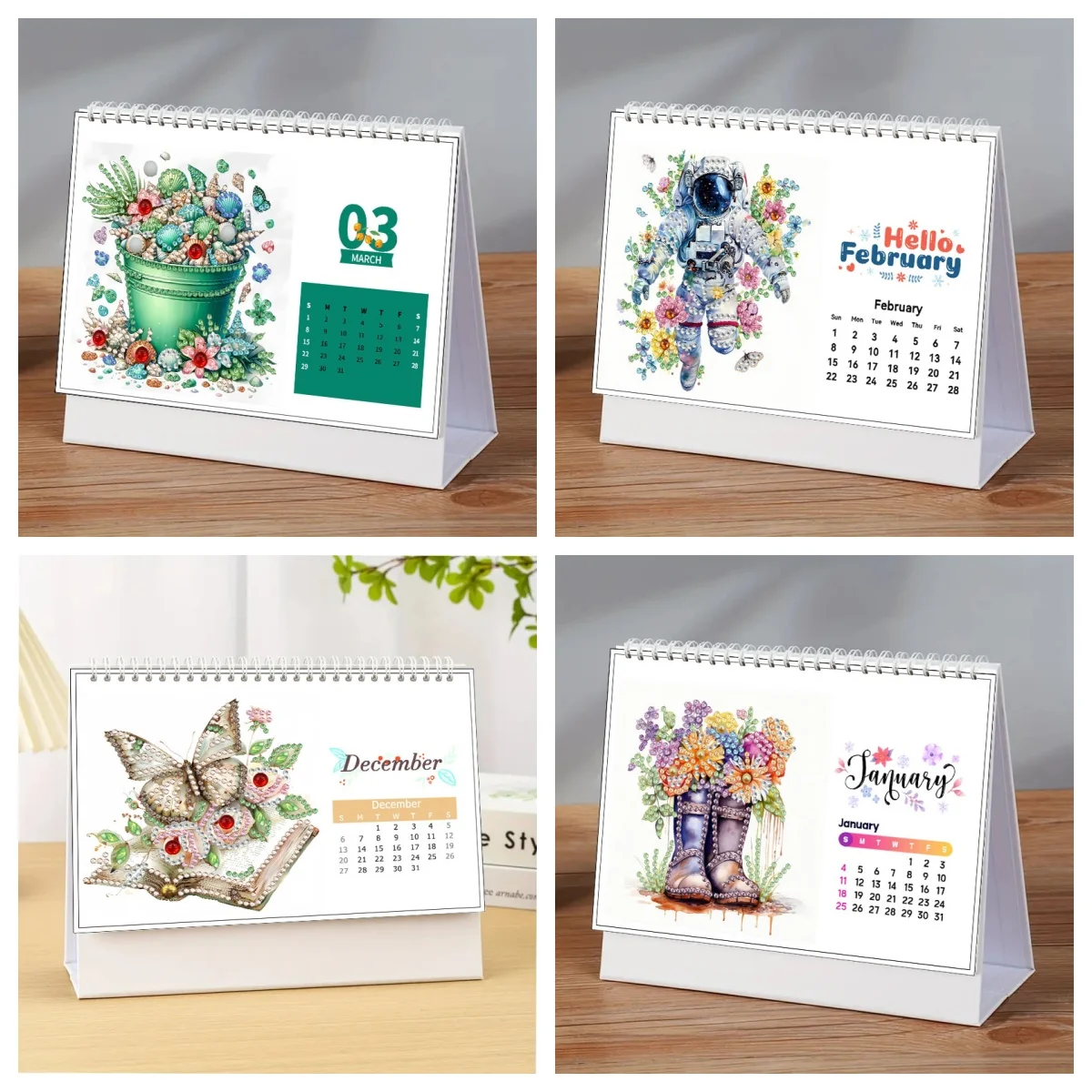 مجموعة من تقويم 2026، 13 لوحة ماسية، تقويم مصنوع يدويًا بحروف إنجليزية لعيد الميلاد بنمط الأزهار