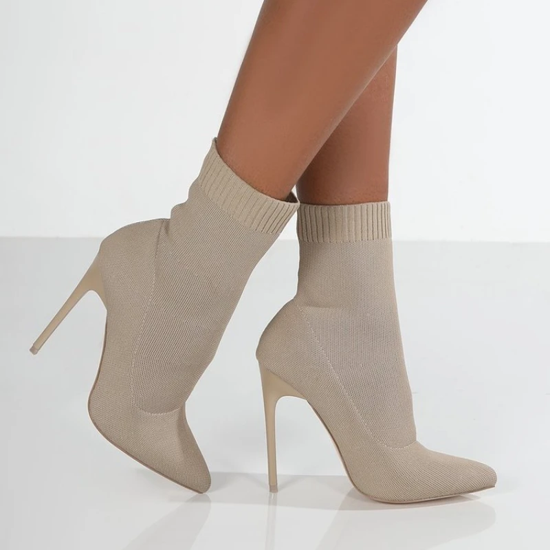 

Luxury Women Sock Boots Stretch Fabric Ankle Boot Exotic Dancer High Heels Boots Ladies Stilettos Autumn Winter Pointed Toe Boot