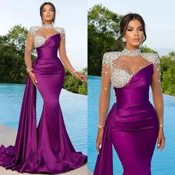 Purple Elegant Mermaid Evening Gown Beaded Turtle Neck Party Prom Dress Illusion Long Sleeve Maxi Dress for Special Occasions