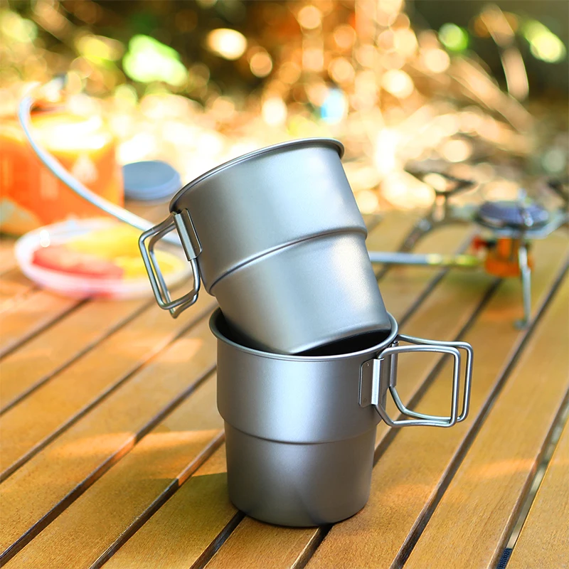 Portable Outdoor Titanium 300ml Water Cup Foldable Handle Beverage Juice Mug Stackable Coffee Beer Camping Carrying Bag