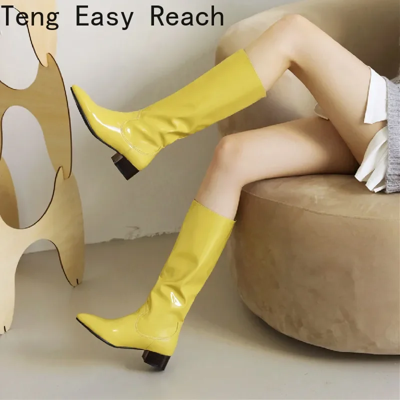 2024 Plus Size 34-43 Concise Patent Leather Mid-calf Boots for Women Shoes Blue Yellow Black Red Green Winter 2023 Long Botas