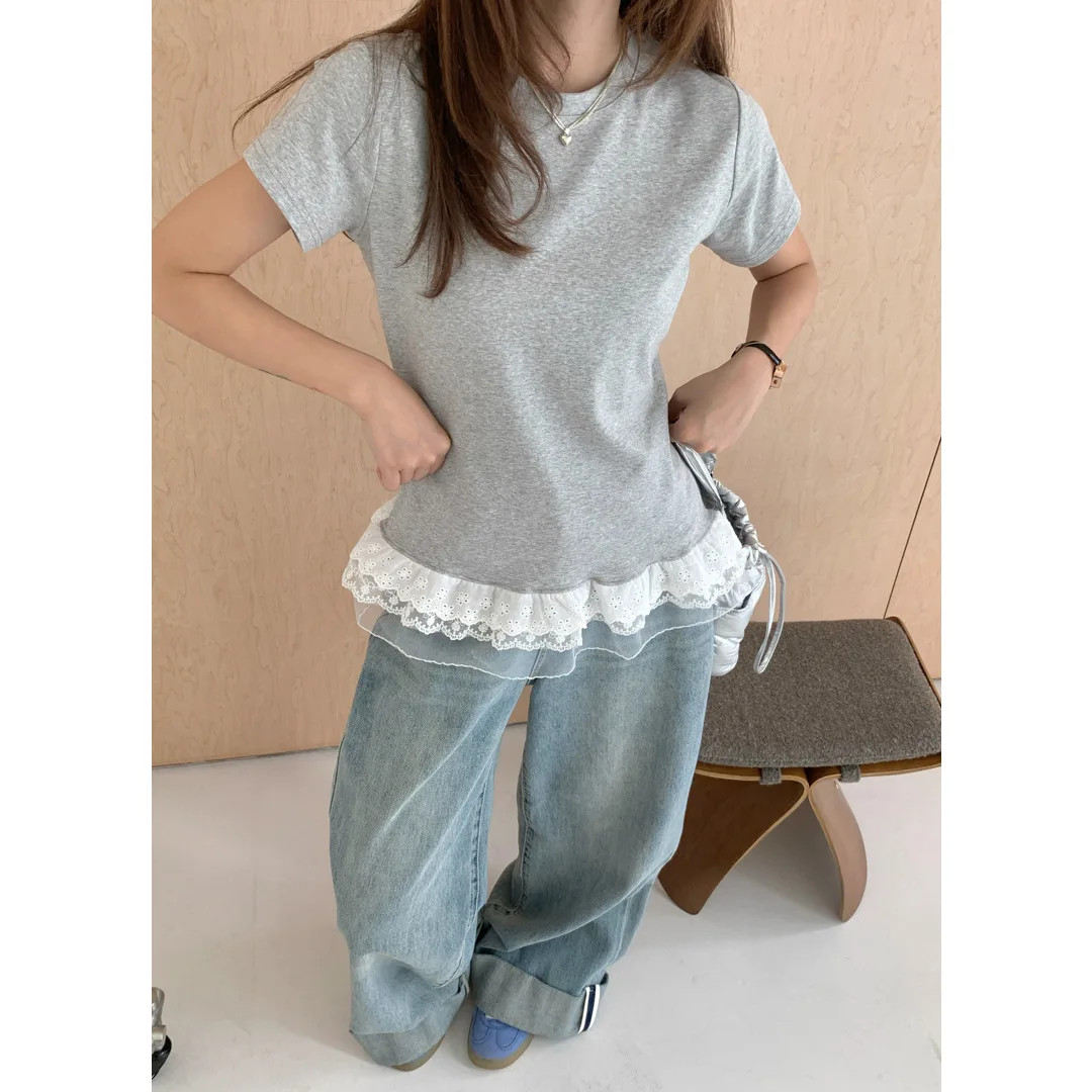 

2025 Summer New Lace Splicing Fake Two Piece T-shirt Women's Stacked Shoulder Casual Short Sleeve T-shirt Top