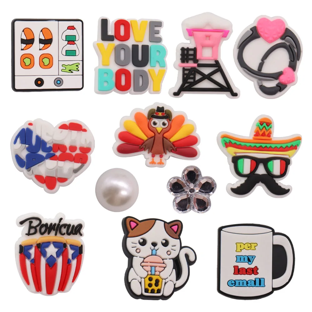 1pcs PVC Shoe Charms Buckle Fit Wristbands Sushi Heart Turkey Cat Cups Love Your Body Garden Shoes Button Decorations Kids Gift