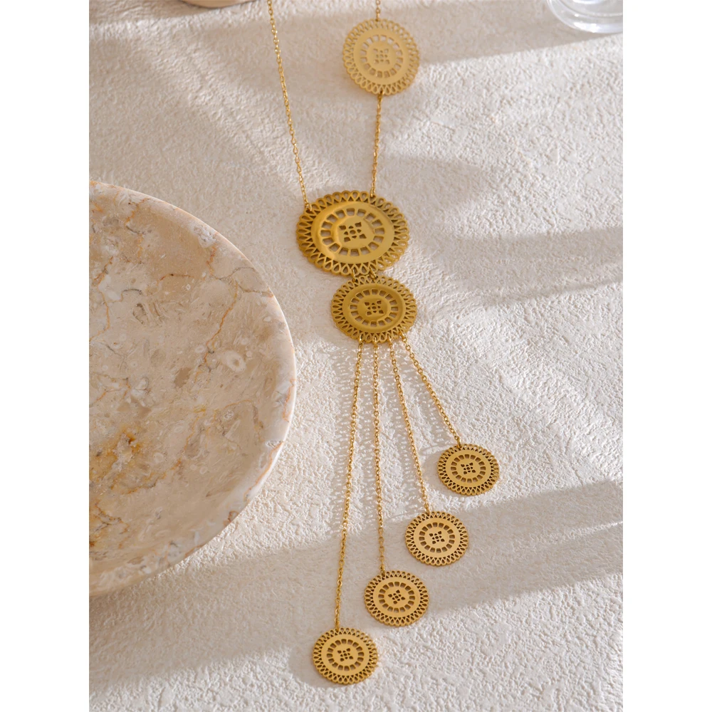 Yhpup 47+7cm Stainless Steel Round Hollow Long Drop Necklace 18K Gold Color Plated Personalized Fashion Jewelry Accessories NEW