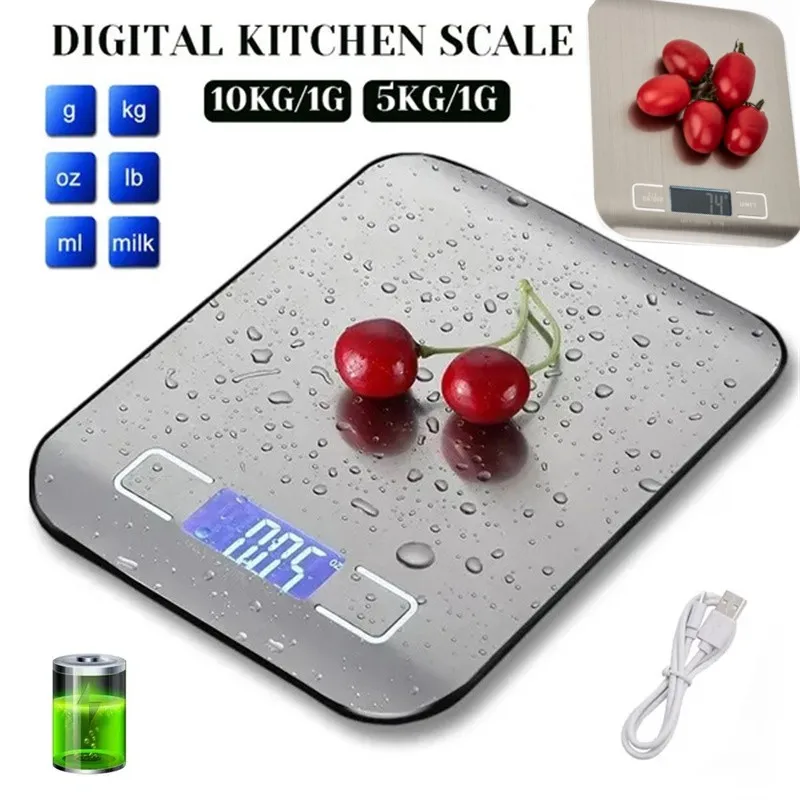 Balance électronique de cuisine numérique avec écran LCD, panneau en acier inoxydable, portable, multifonction, outils de pesage et de cuisson, 5kg,