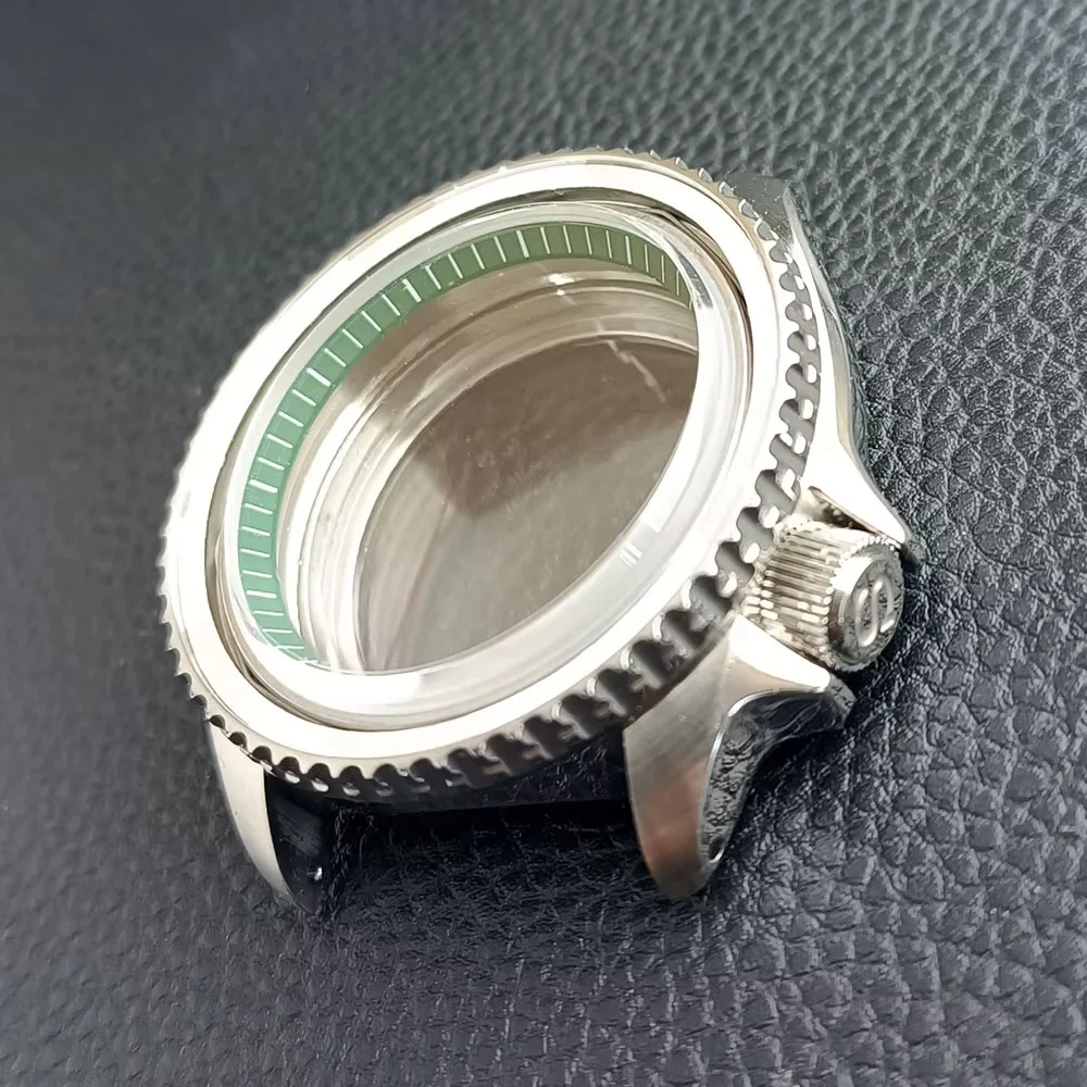 NH35 حالة 42 مللي متر ساعات رجالية فضي/أسود لديها حلقة الصلب حالة صالح NH35 NH36 صندوق ساعة الطلب الياقوت الطائرة الزجاج 22 مللي متر حزام