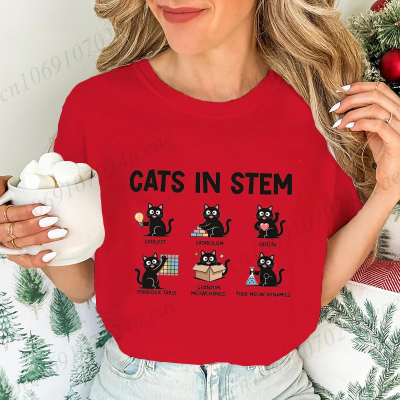 Cats in STEM Print Women's T-Shirt Clothing,Funny Science Cat Pun Graphic Tee Shirt Tops,Teachers and Cat Lovers T-Shirts Tops