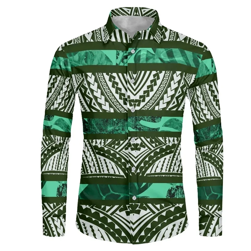 

New 3D Print Polynesia Tribe Graphic Hawaii Shirts Long Sleeve Casual Stand-up Collar Fall Shirt Men's Buttons Up Blouse Clothes