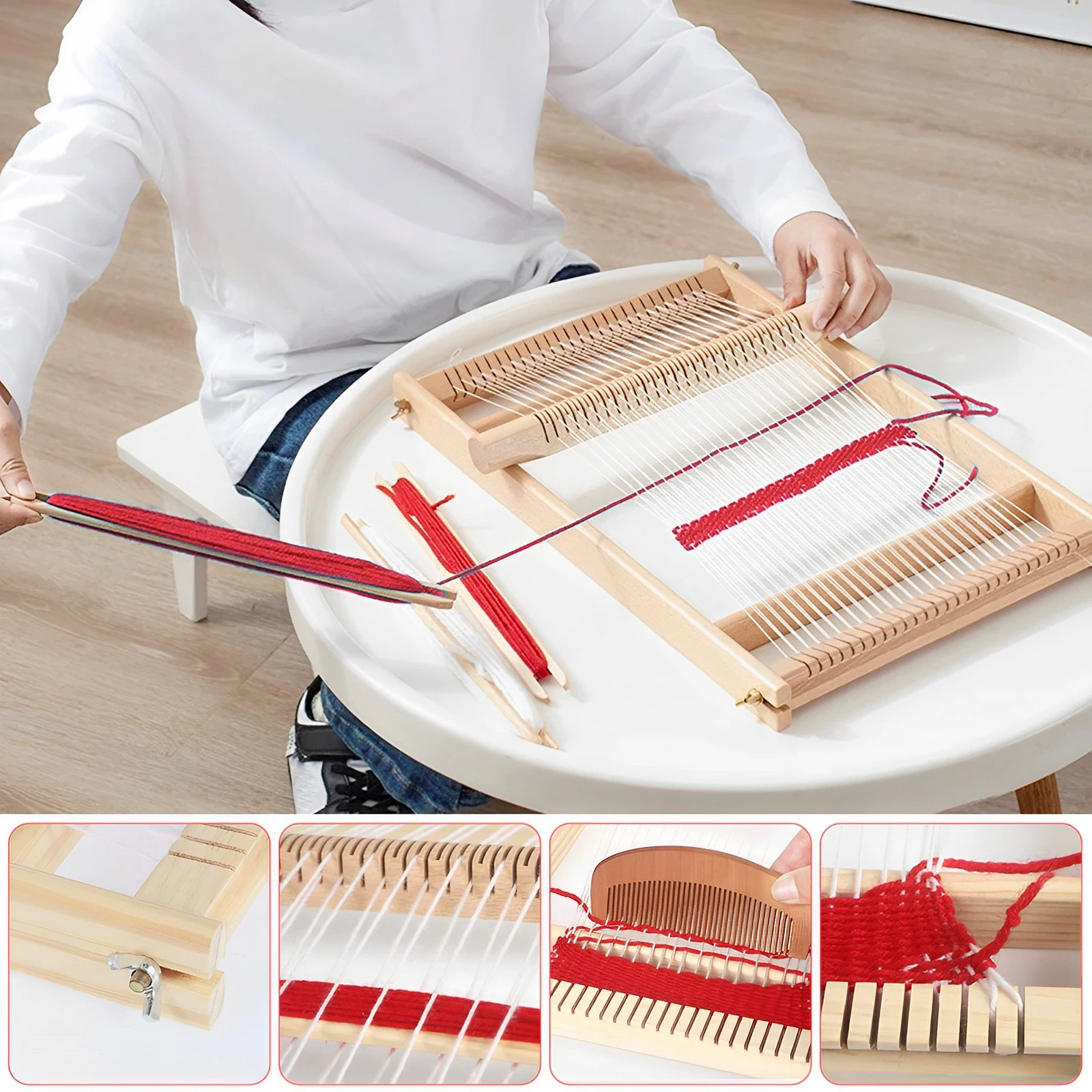 Wooden Weaving Loom Kit Frame with 3 Colors Yarns Wooden Comb Winder Hand Weaving Loom Earthy Beginner Tapestry Kit