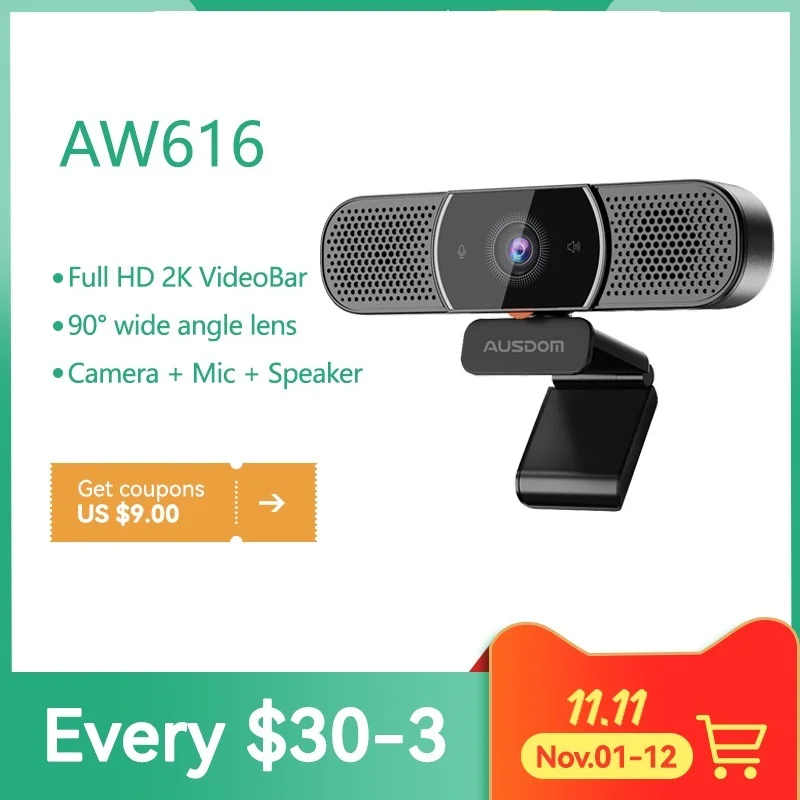 

Top World Premiere AW616 All-in-One 2K Webcam With AI Microphone Speaker Privacy Cover USB Computer Camera For Conferencing