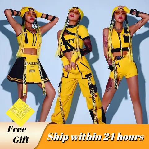 노란색 치어리더 유니폼 힙합 의류, 여성 재즈 댄스웨어 레이브 복장, 소녀 세트, 무대 의상, 축제 의류 DL8204