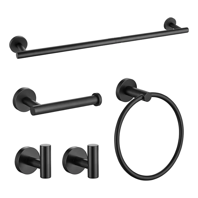 Stainless Steel Bathroom Set Matte Black, 5 Piece Towel Rack And Toilet Paper Holder Combination