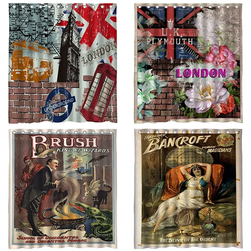 Western Style Union Flag London Landmarks Vintage Magician Advertising Fortune Teller Posters Print Shower Curtain Waterproof