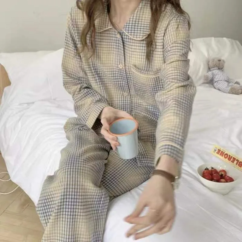 Plaid Sleepwear Women Pajama Sets Korean Piiama Pocket Night Wears Autumn Pants Sets 2 Pieces Button Long Sleeve Home Suit New