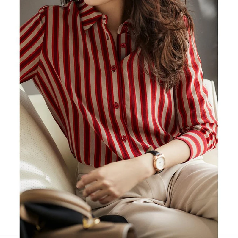 Red Striped Shirt Tops Spring New Long Sleeve Button All-match Youth Temperament Loose Blouse Elegant Vintage Women Clothing