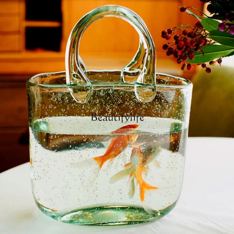 Creative Bag Handbag Vase Household Living Room Desktop Personalized Glass Transparent Fish Globe