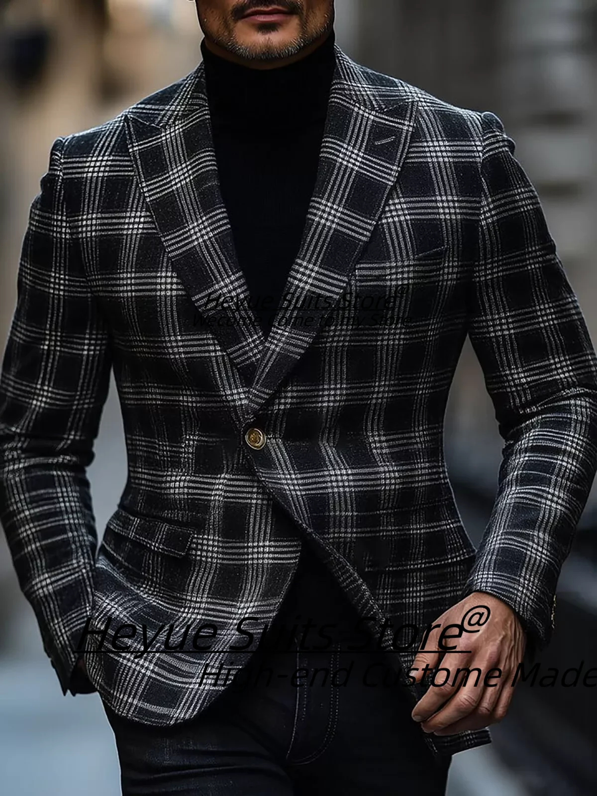 Italian style Classic Plaid Men Suits Customized Peak Lapel Groom man Tuxedos 2 Pcs Sets Male Blazers Prom trajes para hombre