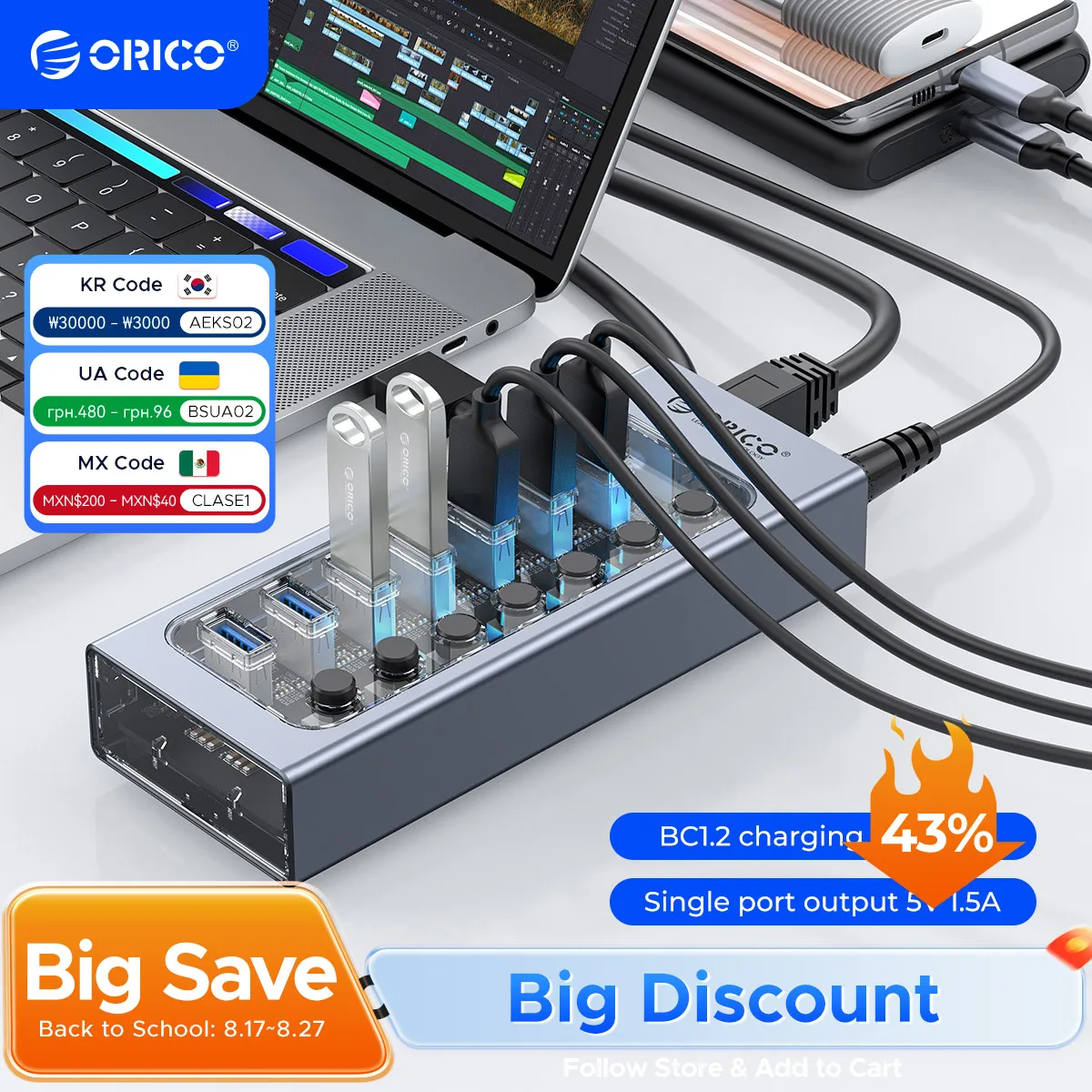 

ORICO Powered USB Hub Splitter Socket with Multi USB 3.0 Port Slot Plug On-Off Key Switch Dock Power Strip Adapter for PC Laptop