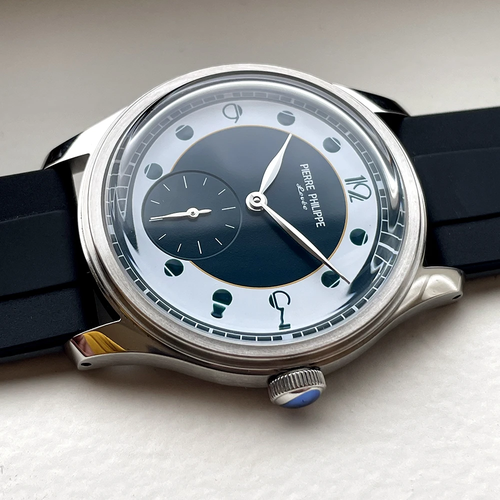 38mm PIERRE Formal Watch Blue Dial Retro Arrow Pilot Watch Men Mechanical Manual Hand Wind Watch ST17 Reloj Hombre