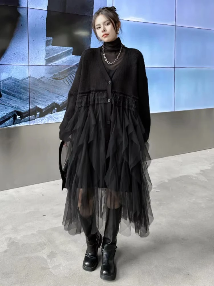 

Women Black Big Size Knitting Mesh Irregular Sweater Dress New V-Neck Long Sleeve Fashion Spring Autumn 2024 1DH2366