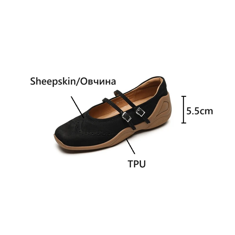 NEW Spring/Autumn Women Pumps Square Toe Increased Internal Shoes Genuine Leather Shoes for Women Black Buckle Mary Janes Shoes