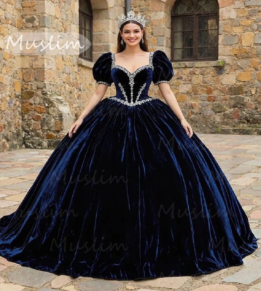 

Princess Navy Velvet Quinceanera Dresses 2025 Short Sleeve Beaded Vestidos De 15 Xv Años Mexican Sweet 16 Birthday BowCustomized