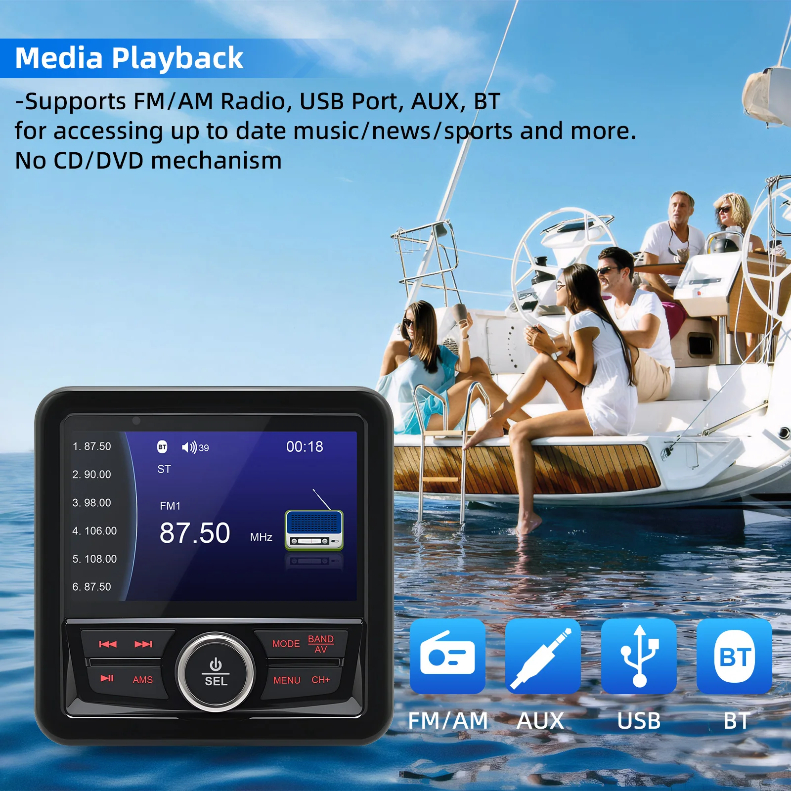 Mp5 bluetooth-compatível barco marinho rádio estéreo à prova dwaterproof água player de rádio fm am mídia leitor de áudio para barco iate caravana rv atv