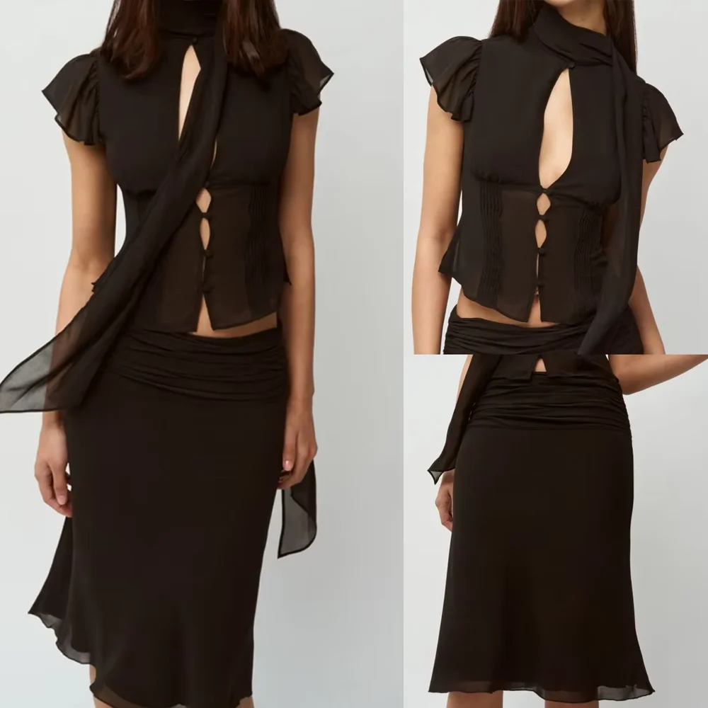 Guz Black Ribbon Sexy Top, Slightly Sheer Skin-Friendly Material, Mid-Length Skirt Set, Chiffon French-Style Light Luxury Top, Sweet Girl Party Outfit, Knee-Length Skirt Set