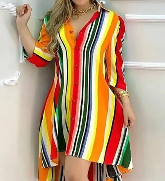 

Women's Dresses 2023 Summer Fashion Colorful Stripe Print Casual Shirt Dress Female New Clothes