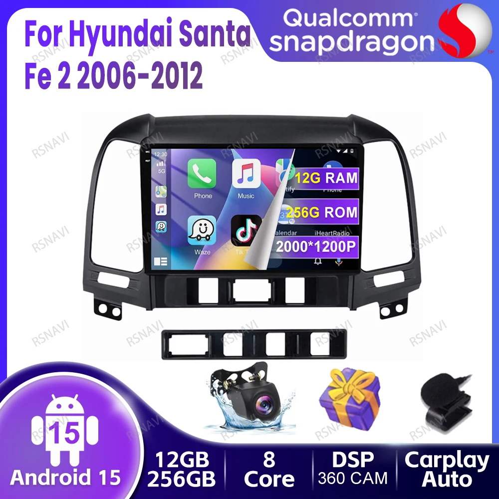 

Car Radio Android 15 For Hyundai Santa Fe 2 2006-2012 DVD GPS 4G LTE Stereo Wireless Carplay Auto 5G WIFI Qualcomm DSP QLED BT