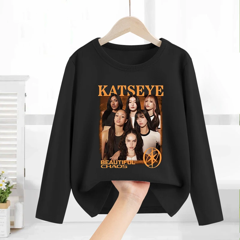 Katseye Child Long Sleeved T-shirt Sweet Fashion Girl Shirts Spring Leisure Cotton Kid Tee Trendy Cool Clothes Top Birthday Gift