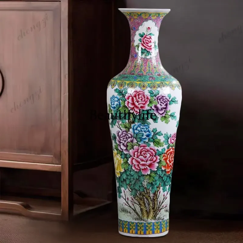 B567 Jingdezhen hand-painted floor-to-ceiling vase housewarming hotel opens Chinese-style living room pastel flowers bloom wealt