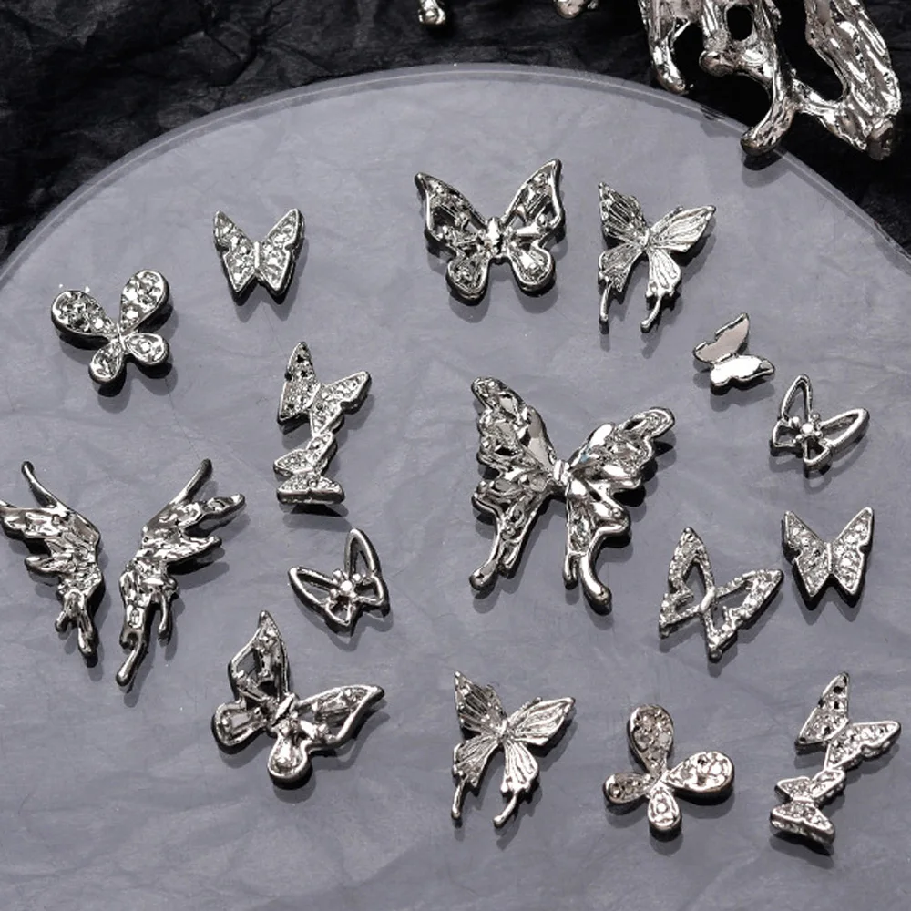 20pcs Mixed Alloy Butterfly Nail Art Charm 3D Silver Muti-shape Butterfly Nail Decor Parts DIY Japanese Design Nail Accessories