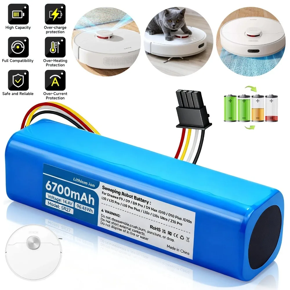 Batería de repuesto de 6700mAh para Dreame L10s Ultra, L10, L10 Pro, D10 Plus, Z10 Pro, D9, F9, L10s Ultra Gen 2/Gen 3 y Xiaomi X10/X20 Series – Paquete de alta capacidad y mayor duración para