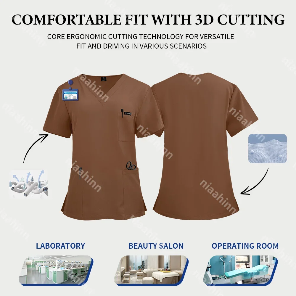 Medical Accessories Women Elastic Scrubs Uniform Sets Hospital Surgical Gowns Short Sleeve Tops Jogger Pants Suit Doctor Clothes