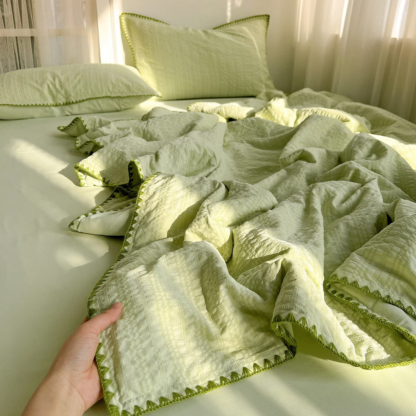 2026 New Bubble Cloth Air Conditioned Washable Non-Cotton Full Cotton Summer Cool Double Bedding 2M Four-Piece Summer Quilt Set