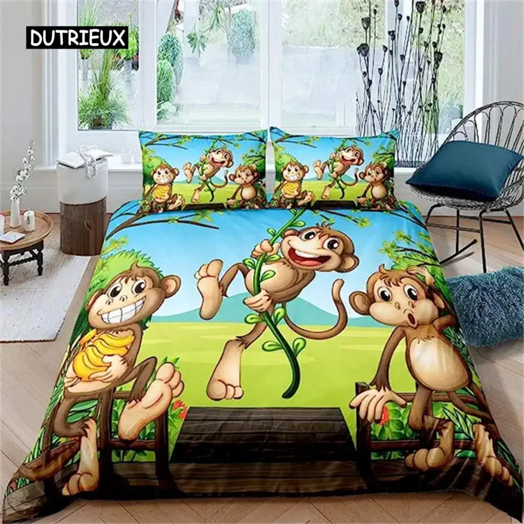 Duvet Cover Cute Monkey Comforter Cover Forest Cartoon Wild Animal Bedding Set for Kids Teens Toddler for Room Decoration Gifts