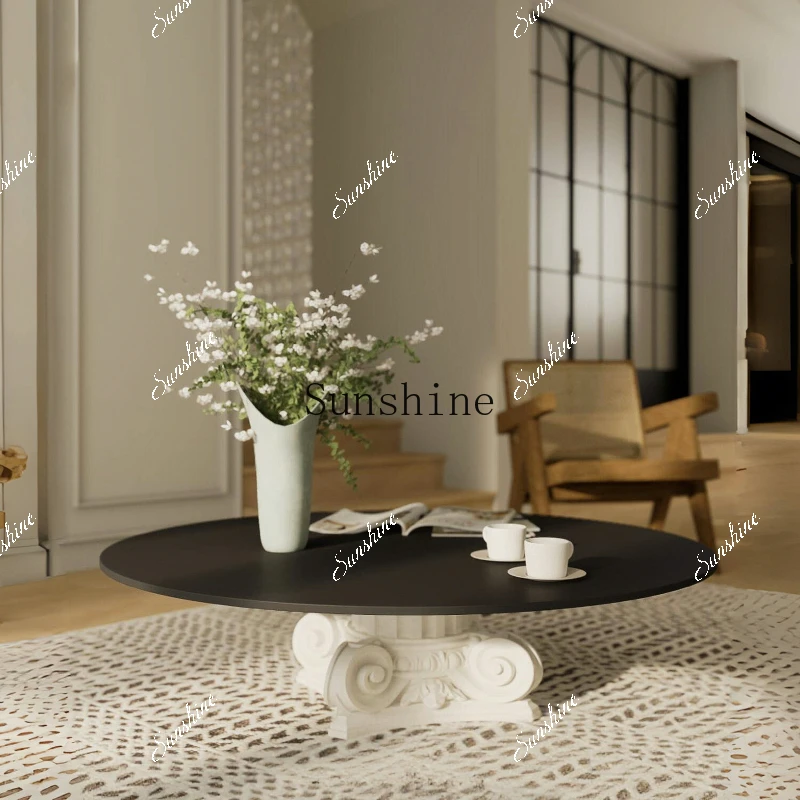 Modern simple oak Roman column coffee table Nordic retro rock slab round tea table glass  FT