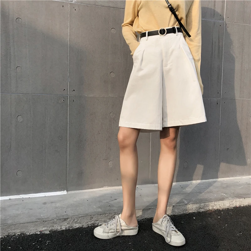 Knee Long Cotton Shorts Women High Waist Short Pants Female Summer Wide Leg Shorts Casual Loose Shorts Feminino Womens Clothing