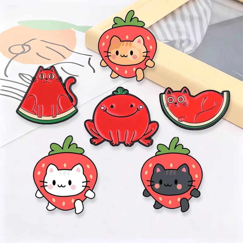 Cartoon Strawberry Cats Fruit Animal Enamel Pin Cute Watermelon Cat and Tomato Frog Brooch Lapel Badge Jewelry Gift for Friends view 2
