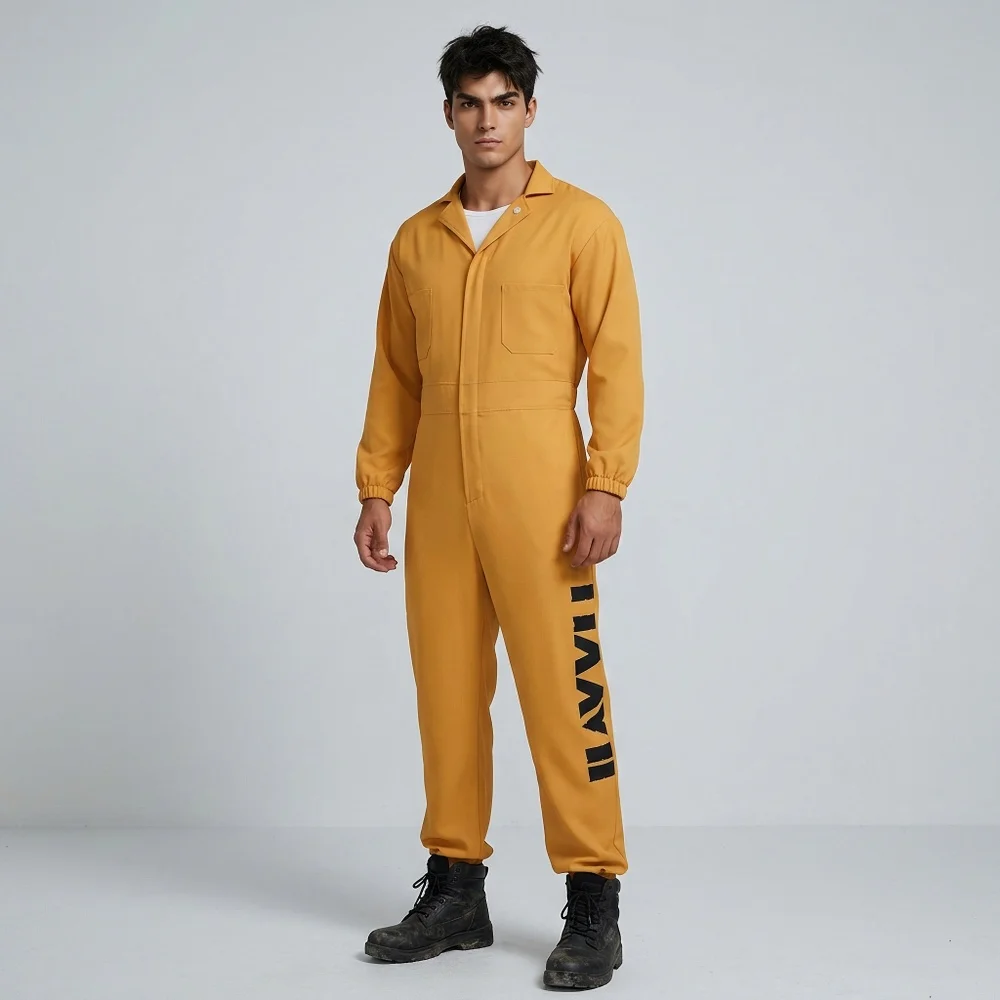 Tidal Prison Inmate Cosplay Yellow Jumpsuit, Lapel Zip Up One Piece Long Sleeve Cuffed Jumpsuit Prisoner Uniform for Theme Party view 6
