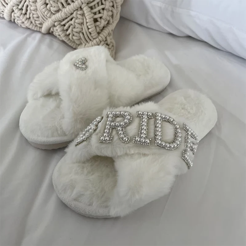 Bride to be white Fluffy Slippers Bridal Shower Wedding Honeymoon spa Sleepover Bachelorette hen do Party decoration Mrs Gift