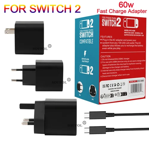 Adaptador de cargador de CA de 60W, UE, EE. UU., Reino Unido, enchufe para Switch 2, fuente de alimentación de 20V/3A con Cable de carga USB tipo C de 1,5 M/5 pies, compatible con modo de TV