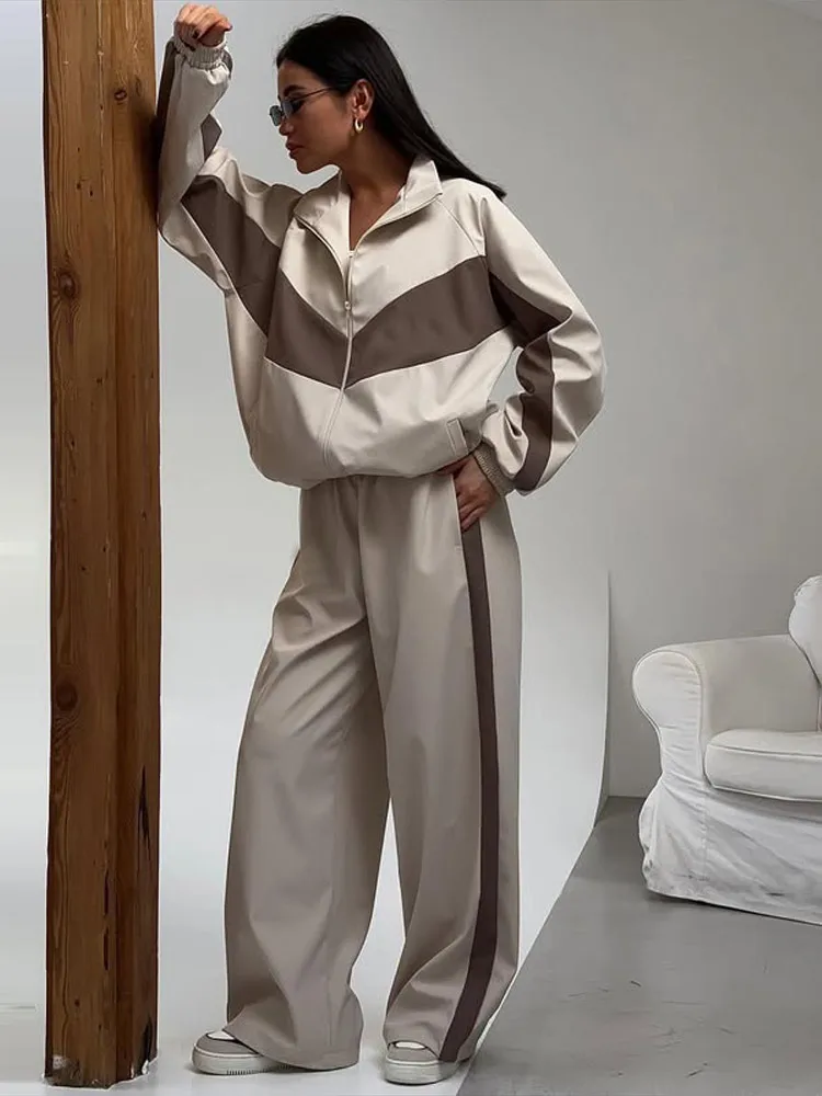 Getäfeltes, langärmliges, übergroßes Oberteil, Hosen-Sets für Damen, Streetwear, Laternenärmel, Reißverschluss, lockerer Mantel, Hose mit weitem Bein, modische Sportbekleidung – Detail 6